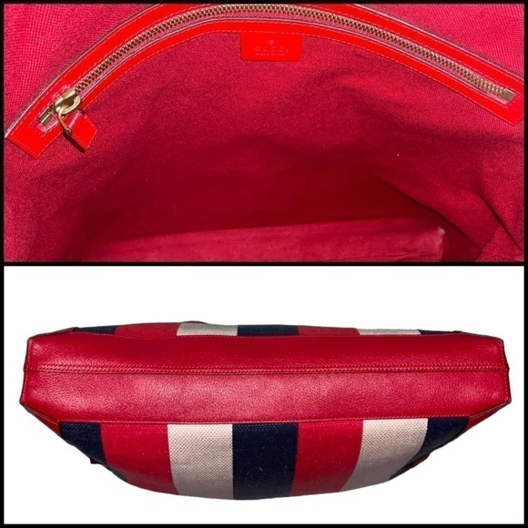 GUCCI Canvas Calfskin Sylvie Stripe Logo Mens Tote Red White Blue Large. - Picture 6 of 16